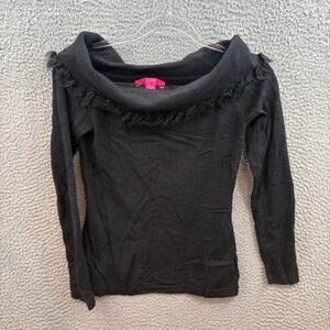 Lilly Pulitzer Sweater Womens Small Black Alira Off Shoulder Pullover Fringe